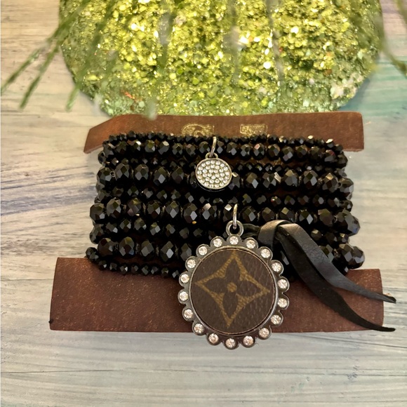 Keep It Gypsy Jewelry - LV Upcycled Black Beaded Stack Bracelet with Pendant
